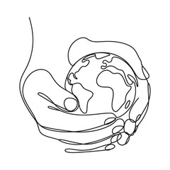 Continuous line art illustration of hands gently holding and protecting the globe, symbolizing care for the environment
