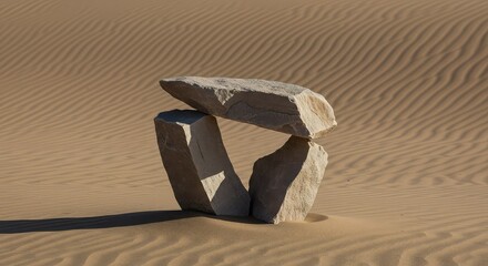 Large gray stone sculpture standing alone in desert sand with ripples