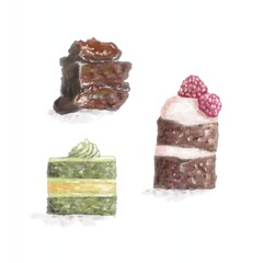 Pieces of cakes, cuisine artistic drawing watercolor isolated