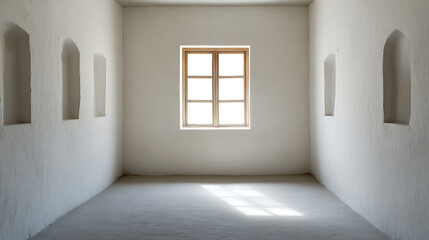 Fototapeta premium A bright, empty room with white walls and a window offers a simple, uncluttered space, ready for inspiration and new beginnings. Minimalism and peacefulness converge.