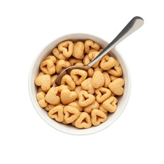Fototapeta premium Heart-shaped cereal fills a white bowl with a spoon resting inside on a white background from above