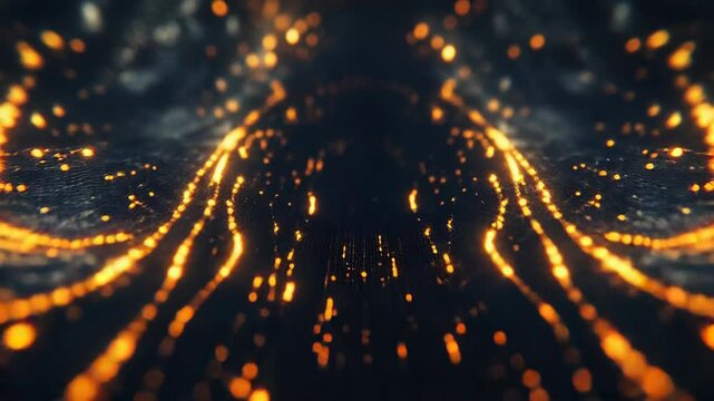Golden glowing particulate wave moving across dark digital surface