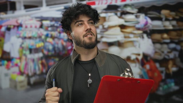 Young hispanic man with beard stands in crowded outdoor market on street, holding clipboard and pen with colorful stalls in background, suggesting lively urban environment.