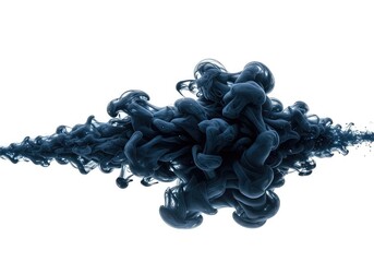 Dark blue ink cloud spreading rapidly in water on white background with soft lighting creating a mesmerizing fluid motion