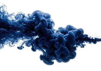 Dark blue ink swirling in water creating abstract shapes on white background with fluid motion and soft edges
