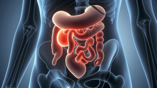 3D rendering of the human digestive system with highlighted stomach and intestines within a translucent body.