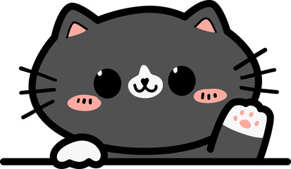 Cute cartoon tuxedo cat waving paw, Kitty greeting wave hand