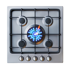 A blue fire is burning on the gas stove. Gas at home. Metal gas stove. Black bars. The gas is working. Beige tiles on the walls. Stop the economic crisis. isolated on transparent background png