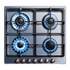 A blue fire is burning on the gas stove. Gas at home. Metal gas stove. Black bars. The gas is working. Beige tiles on the walls. Stop the economic crisis. isolated on transparent background png