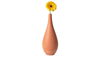 Yellow gerbera daisy in orange vase isolated PNG, single flower arrangement on transparent background for spring and summer designs