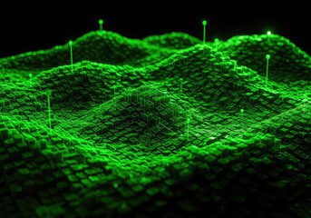 Green 3d terrain map with glowing neon lines on black background for futuristic technology and data visualization