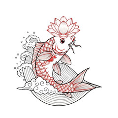Stylized Red Koi Fish Leaping with Lotus Flower and Water Waves Vector Art