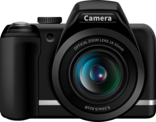 An illustrative representation of a modern black digital camera with a prominent zoom lens isolated on transparent background