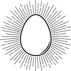 Minimalistic hen egg icon with sunburst effect, symbolizing purity and new beginning. Vector illustration for print, packaging, label design