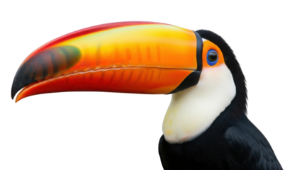 Close-up portrait of tropical Toucan bird with large colorful orange bill isolated PNG with Transparent Background
