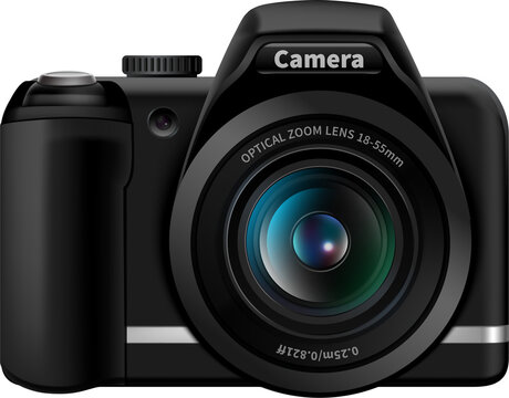 An illustrative representation of a modern black digital camera with a prominent zoom lens isolated on transparent background