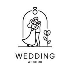 Minimalist line art logo design of a couple embracing under a wedding arbor with a flower and ring symbol