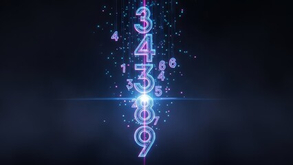 Stunning digital stream of glowing neon numbers cascades down in a dark, futuristic data flow visualization