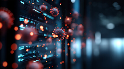 Digital wall virus data breach visualization system failure display hacker server cyber attack network security compromise malicious intrusion concept defocused digital