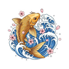 Golden Koi Fish Swimming Through Blue Japanese Waves with Cherry Blossoms © Elsa