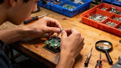 Young technician assembling an electronic circuit board at a workbench. Close-up of hands connecting wires to a PCB component. STEM education and hardware development