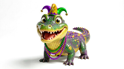 Cheerful Baby Alligator Character Wearing Jester Hat and Mardi Gras Beads, White Isolated Empty Background