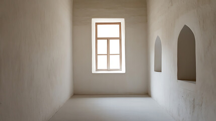 Fototapeta premium Minimalist interior featuring a window and arched niches in white walls, evoking tranquility. Natural light fills the room. A simple, elegant architectural space.