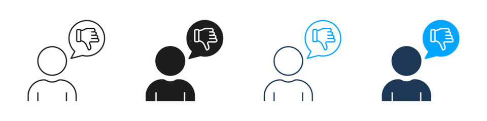 Person With Thumbs Down Speech Bubble Line And Silhouette Icon Set. Negative Feedback, Disapproval, Criticism Symbol Collection. Communication And Opinion Expression. Isolated Vector Illustration