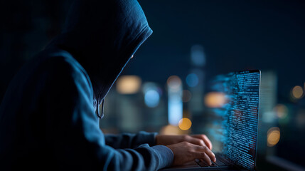 Faceless hooded hacker at computer with blue code cybersecurity threat scenario information security breach digital crime visualization anonymous attacker concept defocused