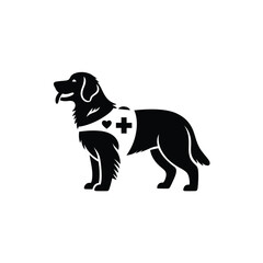A black silhouette of a dog wearing a vest with a medical cross