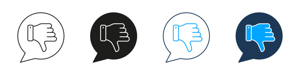 Thumbs Down In Speech Bubble Line And Solid Icon Set. Negative Feedback, Disapproval, And Criticism Symbol Collection. Communication And Social Media Interaction. Isolated Vector Illustration
