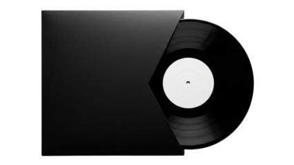 Vinyl record partially removed from black sleeve