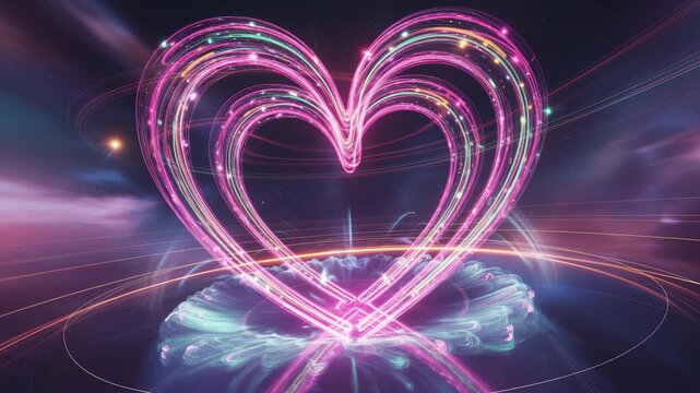 Romantic neon heart animation with vibrant glowing lines, swirling energy motion and dreamy light reflections for love themes