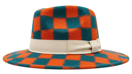 Orange and teal checkered fedora hat isolated PNG, stylish headwear with ribbon on transparent background for fashion design