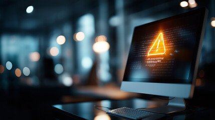 System warning error popup display maintenance notification showing cyber attack network alert cybersecurity vulnerability message data breach information defocused screen int