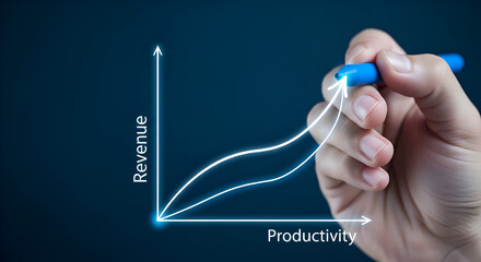 Hand drawing a graph showing revenue increase with productivity growth on a dark blue background with a blue marker