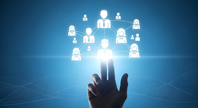 Hand reaching out to connect with a network of people icons in a digital illustration with blue background and white lines - Powered by Adobe