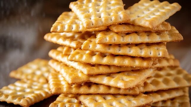 Video A stack of crackers sits on a wooden table, perfect for snack or decorative use