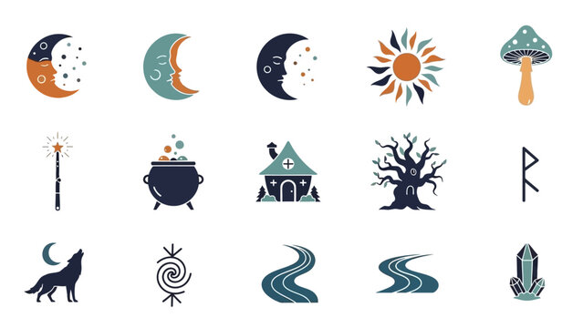 Mystical icon set moon sun stars magic symbols for design projects