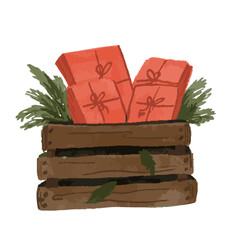 Christmas Gifts in Wooden Box with Pine Branches
