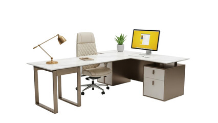 Fototapeta premium Modern office desk with chair and computer isolated PNG, contemporary workspace setup for business and productivity on transparent background