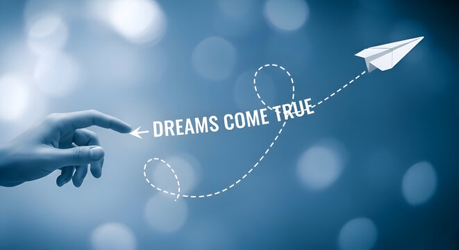 Hand releasing paper airplane with dreams come true text on dotted path against blue bokeh background, symbolizing aspiration and success
