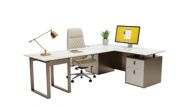 Modern office desk with chair and computer isolated PNG, contemporary workspace setup for business and productivity on transparent background - Powered by Adobe