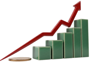 Rising green bar graph with red arrow isolated on transparent background PNG, financial growth and investment concept for business use