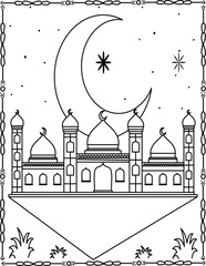 Moonlit Mosque, Islamic Art, Spiritual Nightscape. Mosque Coloring Page for Kids And Adults.