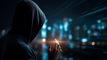 Faceless hooded hacker data breach concept cybersecurity threat scenario information security compromise digital crime visualization anonymous attacker representation
