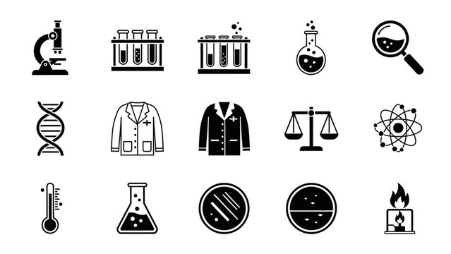 Science and research icons microscope test tubes flasks dna strand and more