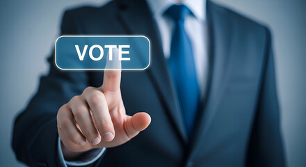 Man in suit voting with finger pressing virtual button with vote text on blurred background