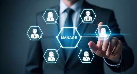 Businessman in suit manages team of professionals through digital interface with glowing icons and connections