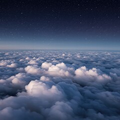 Aerial view of fluffy white clouds under a starry night sky with dark blue and purple hues